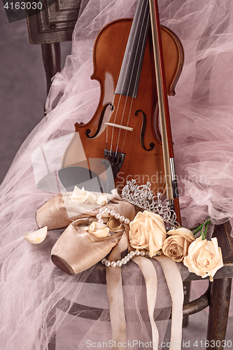 Image of Vintage still Life with roses and Ballet Shoes