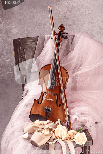 Image of Vintage still Life with roses and Ballet Shoes