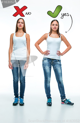 Image of conceptual portrait of two beautiful twin young women