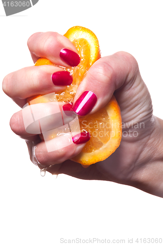 Image of Hand with manicured nails touch an orange on white