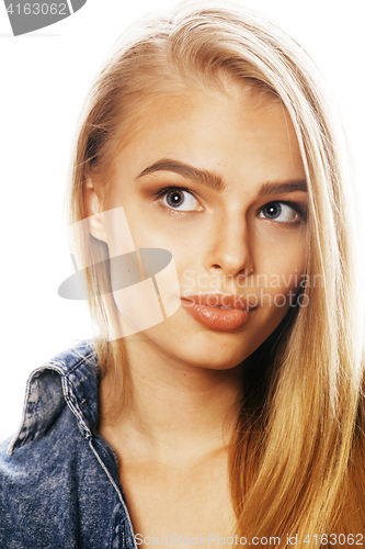 Image of young blond woman on white backgroung gesture thumbs up, isolate