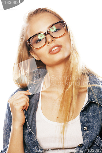 Image of young pretty girl teenager in glasses on white isolated blond ha