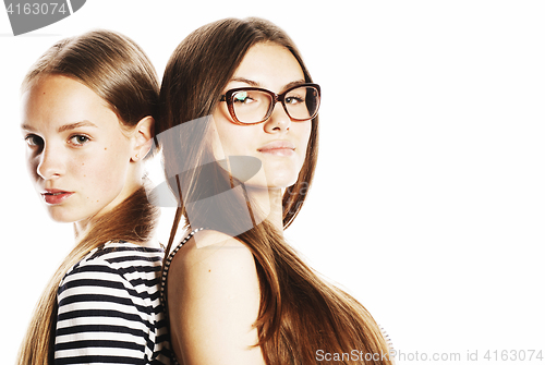 Image of two young workers isolated on white, same dresses in strip