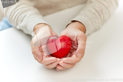 Image of close up of senior man with red heart in hands