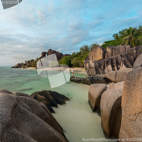 Image of Dramatic sunset at Anse Source d\'Argent beach, La Digue island, Seychelles