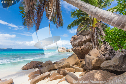 Image of Anse Patates, picture perfect beach on La Digue Island, Seychelles.