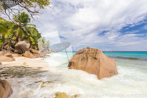 Image of Anse Patates, picture perfect beach on La Digue Island, Seychelles.