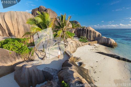 Image of Dramatic sunset at Anse Source d\'Argent beach, La Digue island, Seychelles