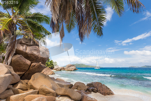 Image of Anse Patates, picture perfect beach on La Digue Island, Seychelles.