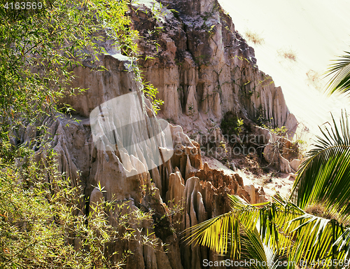 Image of green landscape with palms and white sand rocks, fairy stream vi