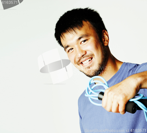 Image of young pretty asian man in blue tshirt on white background isolat