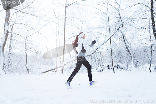 Image of Brunette running in winter park