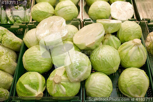 Image of close up of cabbage at grocery store or market