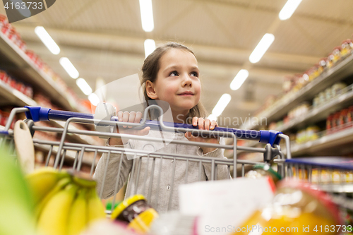 Image of girl with food in shopping cart at grocery store