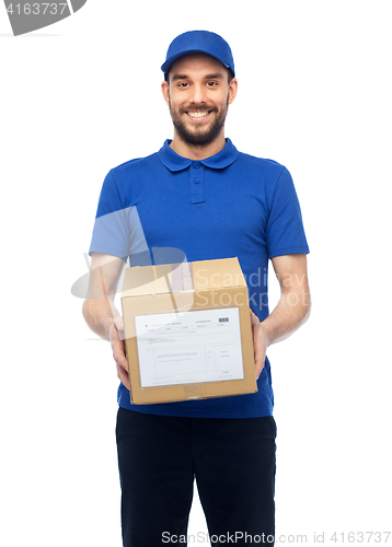 Image of happy delivery man with parcel box