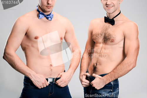 Image of The portrait of two fashion men with naked torso wearing butterfly tie
