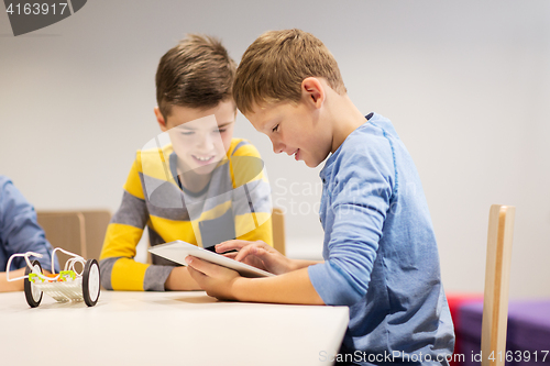 Image of kids with tablet pc programming at robotics school