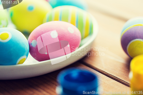 Image of close up of colored easter eggs on plate