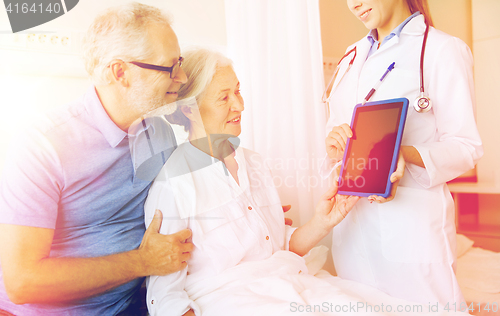 Image of senior woman and doctor with tablet pc at hospital