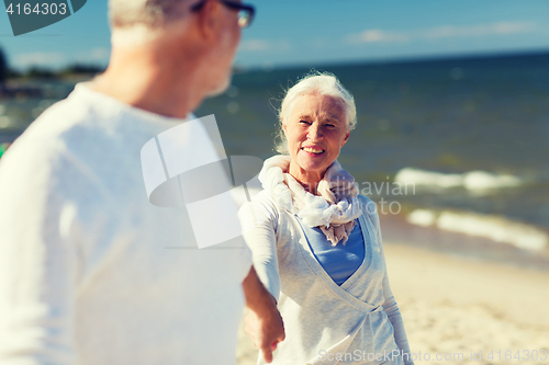 Image of happy senior couple holding hands on summer beach