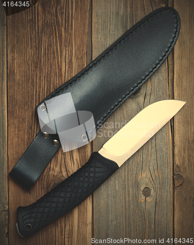 Image of steel hunting knife near the leather sheath