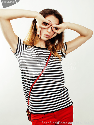 Image of young pretty stylish hipster girl posing emotional isolated on white background happy smiling cool smile, lifestyle people concept 