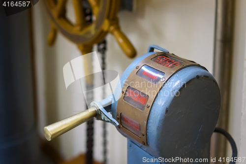Image of Vintage telegraph machine in ship&#39;s deckhouse