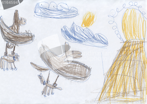 Image of Children\'s drawing - dragons are prey to the lair on the cliff