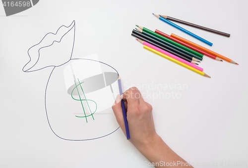 Image of Hand drawn colored pencil bag of money