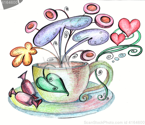 Image of Stylized cup and saucer and chocolates from which strange flowers grow