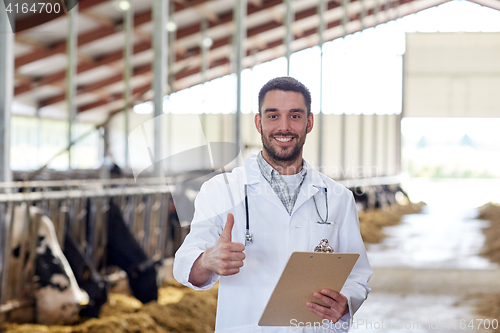 Image of veterinarian with cows showing thumbs up on farm