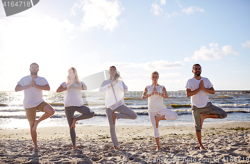 Image of group of people making yoga in tree pose on beach