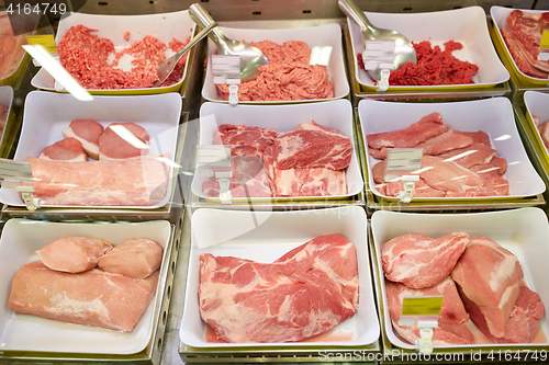 Image of meat in bowls at grocery stall