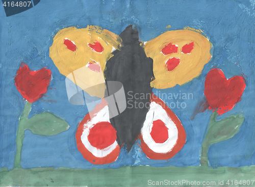 Image of Children\'s drawing - beautiful butterfly flying in the