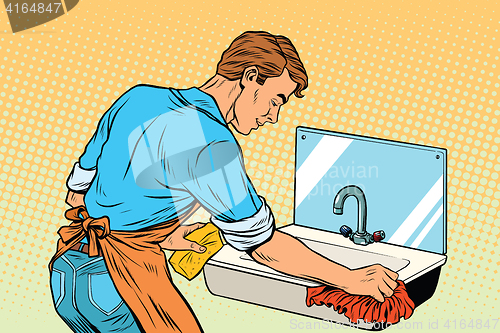 Image of Home cleaning washing kitchen sinks, man works