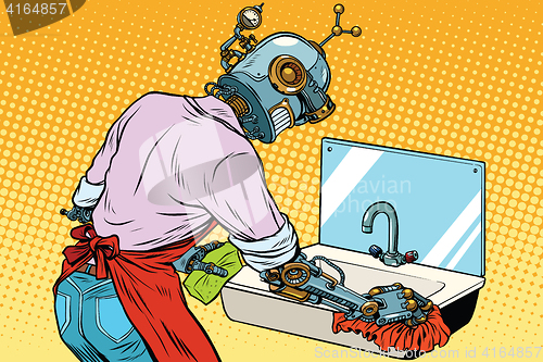 Image of Home cleaning washing kitchen sinks, robot works