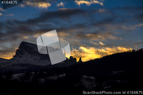 Image of Sunset in Dolomites, mountains around Famous ski resort Cortina 