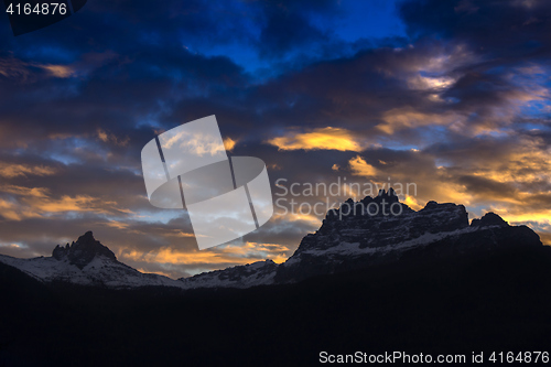 Image of Sunset in Dolomites, mountains around Famous ski resort Cortina 