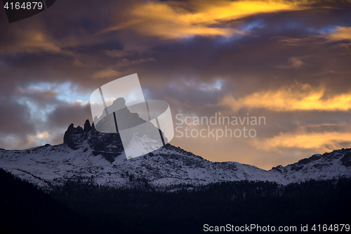 Image of Sunset in Dolomites, mountains around Famous ski resort Cortina 