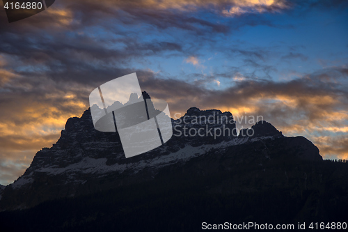 Image of Sunset in Dolomites, mountains around Famous ski resort Cortina 