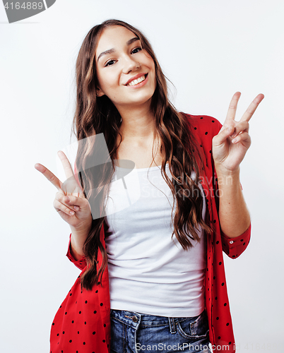 Image of young pretty stylish hipster girl posing emotional isolated on white background happy smiling cool smile, lifestyle people concept 