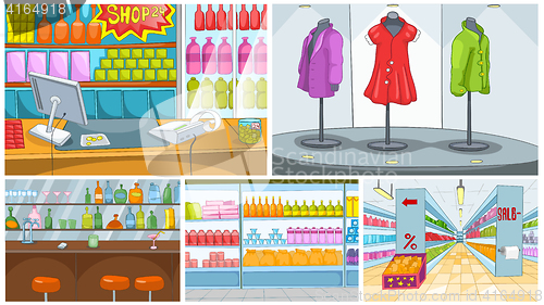Image of Cartoon set of grocery store and pub backgrounds.
