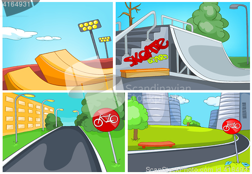 Image of Cartoon set of skatepark and bike lane backgrounds