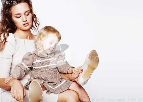 Image of mother with daughter together on white background happy smiling,