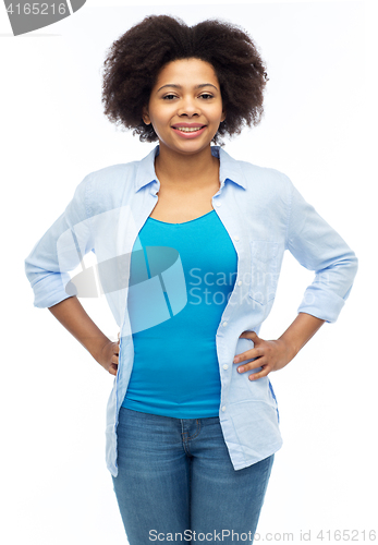 Image of happy african american young woman over white