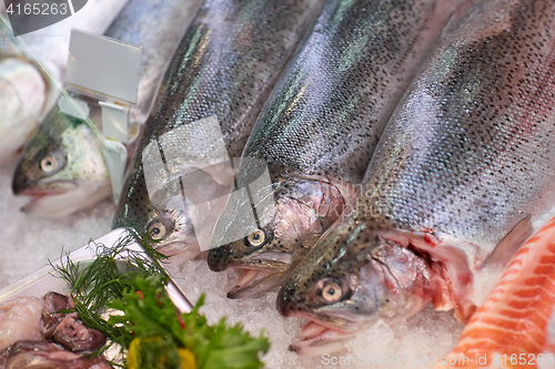 Image of fresh fish on ice at grocery stall