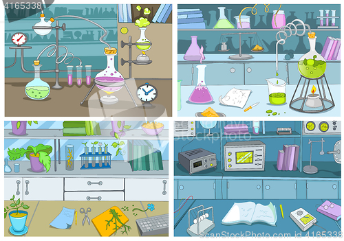 Image of Cartoon set of backgrounds - chemical laboratory.