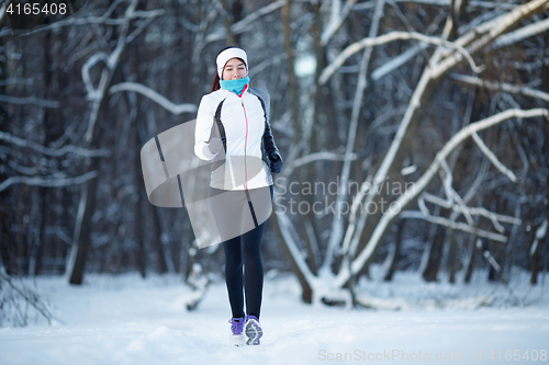 Image of Sportswoman running in winter park