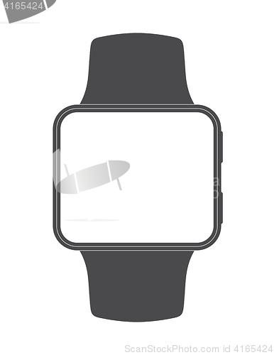 Image of Black square-faced smartwatch with blank screen on white backgro