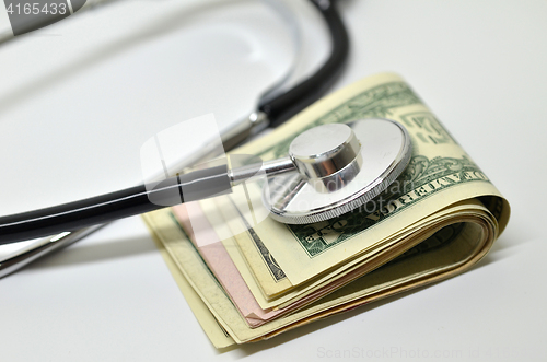 Image of Stethoscope sitting on US dollar bills